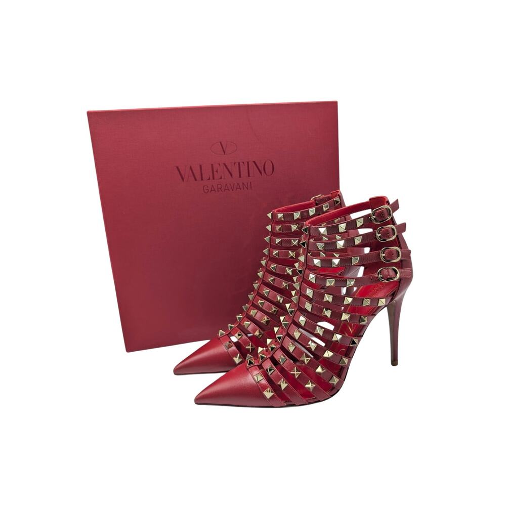 Valentino Garavani Alcove Red Leather Studded Strappy Ankle Booties Size 39
